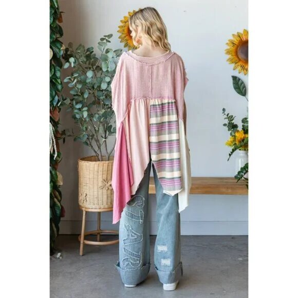 Oli & Hali Washed Mixed Media V Neck Pointed Hem Babydoll Top Pink Oversized Siz - Picture 9 of 9